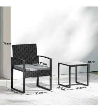 Conjunto de Muebles de Jardín de Ratán Sintético con 2 Sillas con Cojines Extraíbles y Mesa con Tablero de Vidrio Gris
