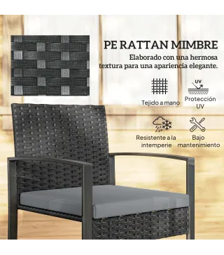 Conjunto de Muebles de Jardín de Ratán Sintético con 2 Sillas con Cojines Extraíbles y Mesa con Tablero de Vidrio Gris
