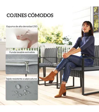 Conjunto de Muebles de Jardín de Ratán Sintético con 2 Sillas con Cojines Extraíbles y Mesa con Tablero de Vidrio Gris