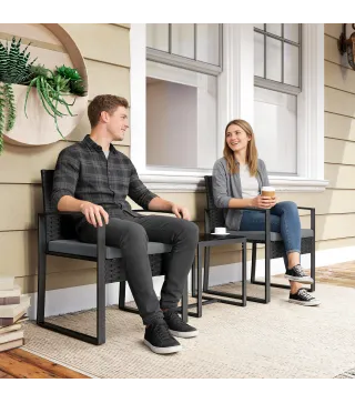 Conjunto de Muebles de Jardín de Ratán Sintético con 2 Sillas con Cojines Extraíbles y Mesa con Tablero de Vidrio Gris