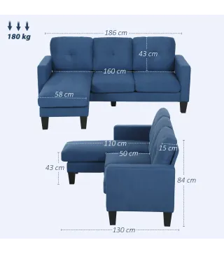 Sofá Chaise Longue Reversible con Estructura de Acero Tapizado en Chenilla 186x130x84cm Azul