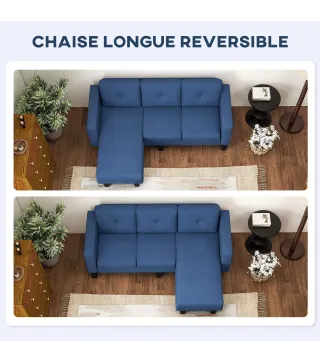 Sofá Chaise Longue Reversible con Estructura de Acero Tapizado en Chenilla 186x130x84cm Azul