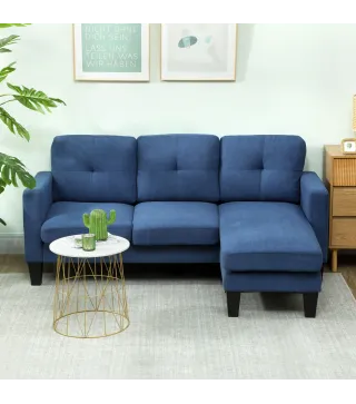 Sofá Chaise Longue Reversible con Estructura de Acero Tapizado en Chenilla 186x130x84cm Azul