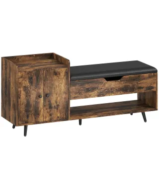 Banco Zapatero Industrial con Asiento Acolchado Compartimento Oculto Estantes Puertas 127x35x59 cm Marrón Rústico