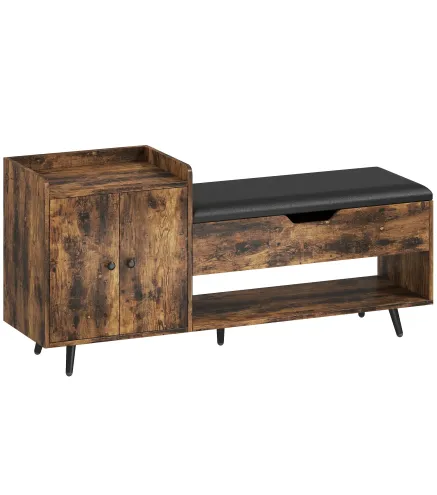 Banco Zapatero Industrial con Asiento Acolchado Compartimento Oculto Estantes Puertas 127x35x59 cm Marrón Rústico