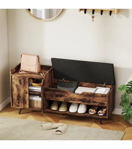 Banco Zapatero Industrial con Asiento Acolchado Compartimento Oculto Estantes Puertas 127x35x59 cm Marrón Rústico