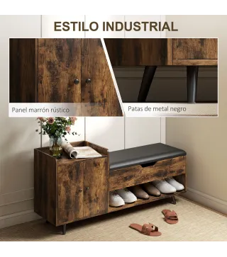 Banco Zapatero Industrial con Asiento Acolchado Compartimento Oculto Estantes Puertas 127x35x59 cm Marrón Rústico