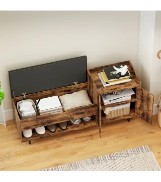 Banco Zapatero Industrial con Asiento Acolchado Compartimento Oculto Estantes Puertas 127x35x59 cm Marrón Rústico