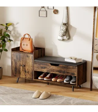 Banco Zapatero Industrial con Asiento Acolchado Compartimento Oculto Estantes Puertas 127x35x59 cm Marrón Rústico