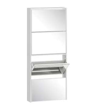 Zapatero Estrecho con Espejo y 4 Puertas Abatibles para 12 Pares de Zapatos 63x17x146 cm Blanco