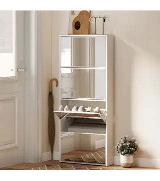 Zapatero Estrecho con Espejo y 4 Puertas Abatibles para 12 Pares de Zapatos 63x17x146 cm Blanco