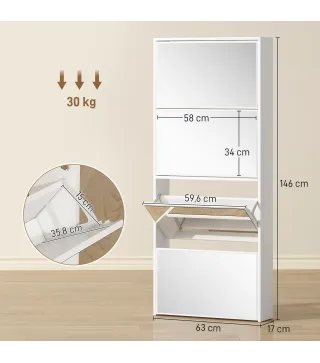Zapatero Estrecho con Espejo y 4 Puertas Abatibles para 12 Pares de Zapatos 63x17x146 cm Blanco