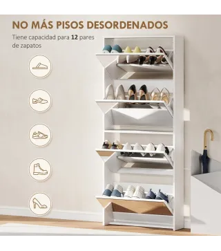 Zapatero Estrecho con Espejo y 4 Puertas Abatibles para 12 Pares de Zapatos 63x17x146 cm Blanco