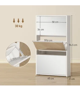 Zapatero Entrada Recibidor con 3 Puertas con Espejo Zapatero Estrecho para 9 Pares de Zapatos 65x17x114,5 cm Blanco