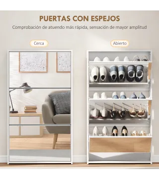 Zapatero Entrada Recibidor con 3 Puertas con Espejo Zapatero Estrecho para 9 Pares de Zapatos 65x17x114,5 cm Blanco