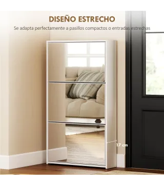 Zapatero Entrada Recibidor con 3 Puertas con Espejo Zapatero Estrecho para 9 Pares de Zapatos 65x17x114,5 cm Blanco