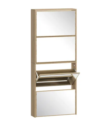 Zapatero Estrecho con Espejo y 4 Puertas Abatibles para 12 Pares de Zapatos 63x17x146 cm Natural