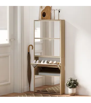 Zapatero Estrecho con Espejo y 4 Puertas Abatibles para 12 Pares de Zapatos 63x17x146 cm Natural
