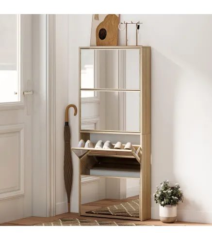 Zapatero Estrecho con Espejo y 4 Puertas Abatibles para 12 Pares de Zapatos 63x17x146 cm Natural