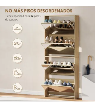 Zapatero Estrecho con Espejo y 4 Puertas Abatibles para 12 Pares de Zapatos 63x17x146 cm Natural