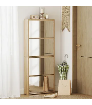 Zapatero Estrecho con Espejo y 4 Puertas Abatibles para 12 Pares de Zapatos 63x17x146 cm Natural