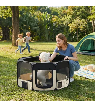 Parque Plegable para Perros y Gatos Corralito Portátil para Animales Pequeños Impermeable de Tela Oxford Ø90x41 cm Negro