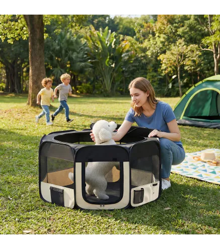 Parque Plegable para Perros y Gatos Corralito Portátil para Animales Pequeños Impermeable de Tela Oxford Ø90x41 cm Negro