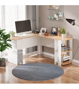 Mesa de Ordenador PC Escritorio con Estantes para Oficina Hogar Tipo Esquinera Forma L 136x130x72cm Madera