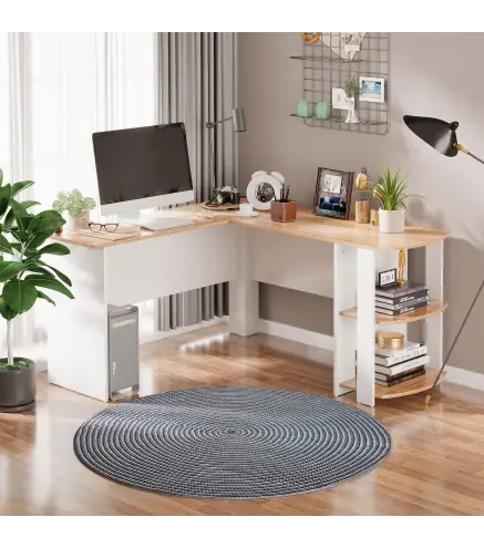 Mesa de Ordenador PC Escritorio con Estantes para Oficina Hogar Tipo Esquinera Forma L 136x130x72cm Madera