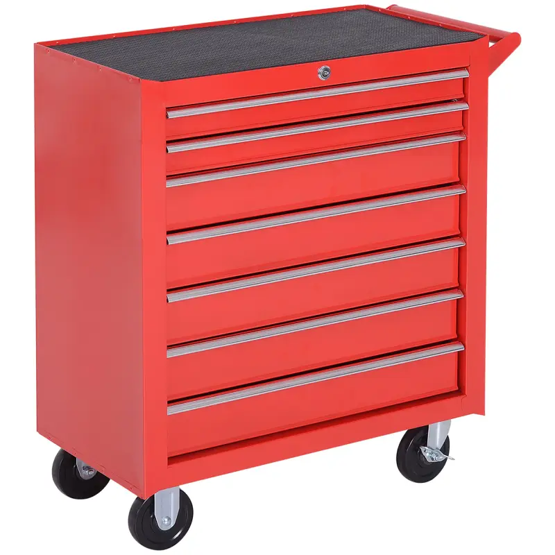 Carro de Herramientas con 7 Cajones y Ruedas Caja Taller Cerradura tipo Mueble de Almacenamiento 69x33x75cm Rojo