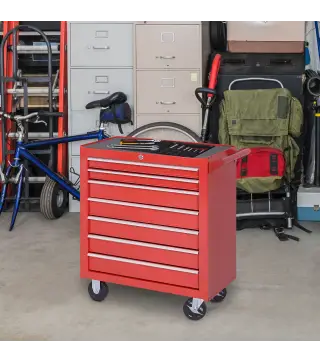 Carro de Herramientas con 7 Cajones y Ruedas Caja Taller Cerradura tipo Mueble de Almacenamiento 69x33x75cm Rojo
