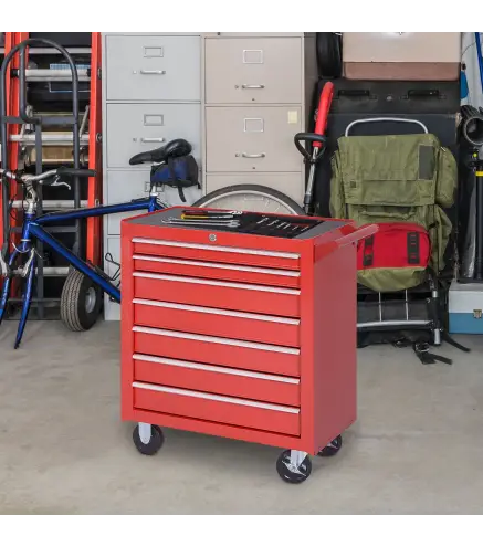 Carro de Herramientas con 7 Cajones y Ruedas Caja Taller Cerradura tipo Mueble de Almacenamiento 69x33x75cm Rojo