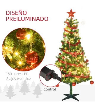 Árbol de Navidad Artificial de 480 Ramas con 150 Luces LED con 8 Modos y 100 Decoraciones Acero Ø86x180 cm Verde