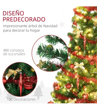 Árbol de Navidad Artificial de 480 Ramas con 150 Luces LED con 8 Modos y 100 Decoraciones Acero Ø86x180 cm Verde