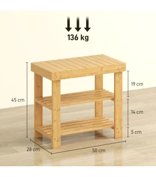 Banco Zapatero de Bambú de 3 Niveles para 4 Pares Zapatos 50x28x45 cm Natural