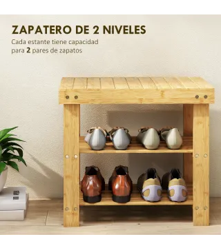 Banco Zapatero de Bambú de 3 Niveles para 4 Pares Zapatos 50x28x45 cm Natural