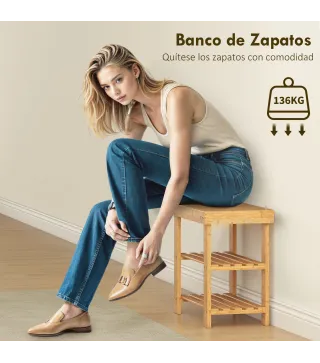 Banco Zapatero de Bambú de 3 Niveles para 4 Pares Zapatos 50x28x45 cm Natural