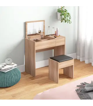 Tocador de Maquillaje con Taburete Mesa de Maquillaje con Espejo Tapa Abatible y Cajas 80x40x79 cm y 40x30x40 cm