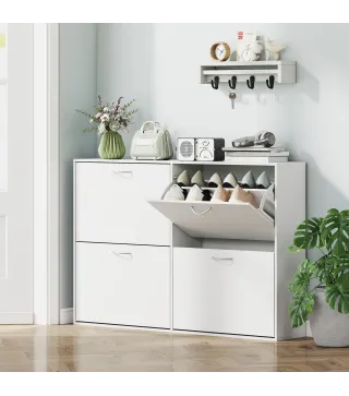 Mueble Zapatero Blanco Zapatero Moderno con 4 Cajones Abatibles para 16-24 Pares de Zapatos para Pasillo 120x24x81 cm