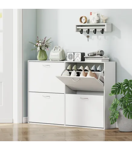 Mueble Zapatero Blanco Zapatero Moderno con 4 Cajones Abatibles para 16-24 Pares de Zapatos para Pasillo 120x24x81 cm