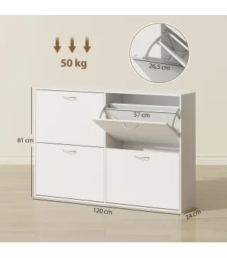 Mueble Zapatero Blanco Zapatero Moderno con 4 Cajones Abatibles para 16-24 Pares de Zapatos para Pasillo 120x24x81 cm