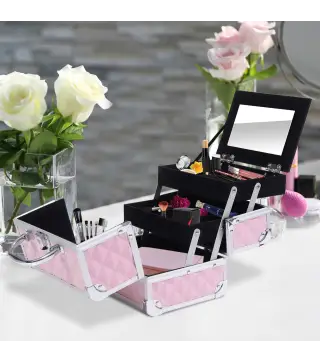 Maletín de Maquillaje Organizador Cosméticos Profesional Estuche de Maquillaje Caja de Belleza Portátil Con Espejo Cerra