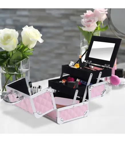 Maletín de Maquillaje Organizador Cosméticos Profesional Estuche de Maquillaje Caja de Belleza Portátil Con Espejo Cerra