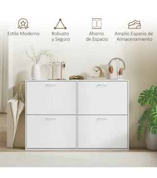 Mueble Zapatero Blanco Zapatero Moderno con 4 Cajones Abatibles para 16-24 Pares de Zapatos para Pasillo 120x24x81 cm