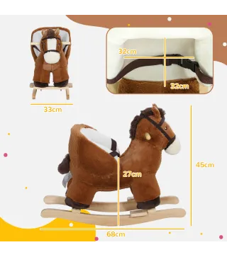 Caballo Balancín para Niños de 18-36 Mesas con Sonido Asas Cinturón de Seguridad Carga 25 kg 68x33x45 cm Marrón