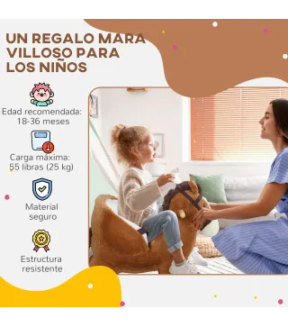 Caballo Balancín para Niños de 18-36 Mesas con Sonido Asas Cinturón de Seguridad Carga 25 kg 68x33x45 cm Marrón