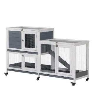 Conejera de Madera con Ruedas 147x45,5x88,5 cm Jaula para Conejos de 2 Niveles con Techo Abrible 2 Corrales de Metal 3 Bandejas