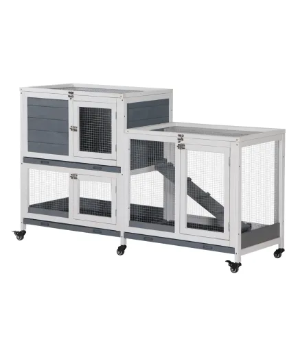 Conejera de Madera con Ruedas 147x45,5x88,5 cm Jaula para Conejos de 2 Niveles con Techo Abrible 2 Corrales de Metal 3 Bandejas