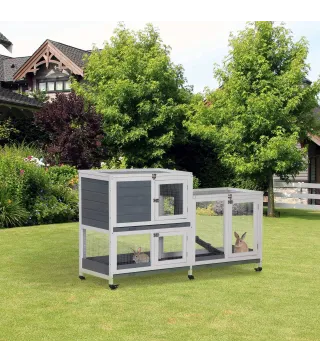 Conejera de Madera con Ruedas 147x45,5x88,5 cm Jaula para Conejos de 2 Niveles con Techo Abrible 2 Corrales de Metal 3 Bandejas