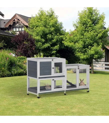 Conejera de Madera con Ruedas 147x45,5x88,5 cm Jaula para Conejos de 2 Niveles con Techo Abrible 2 Corrales de Metal 3 Bandejas